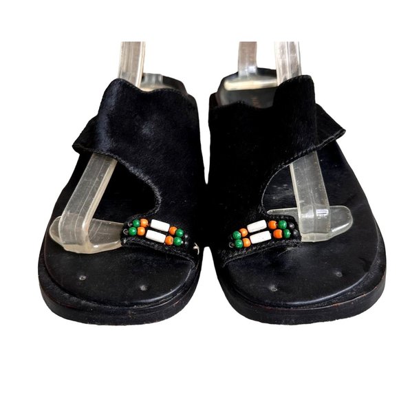 Naked Feet Sandals Flats 8.5 Beaded Toe Loop Black Leather Nubuck Square… - Picture 2 of 13